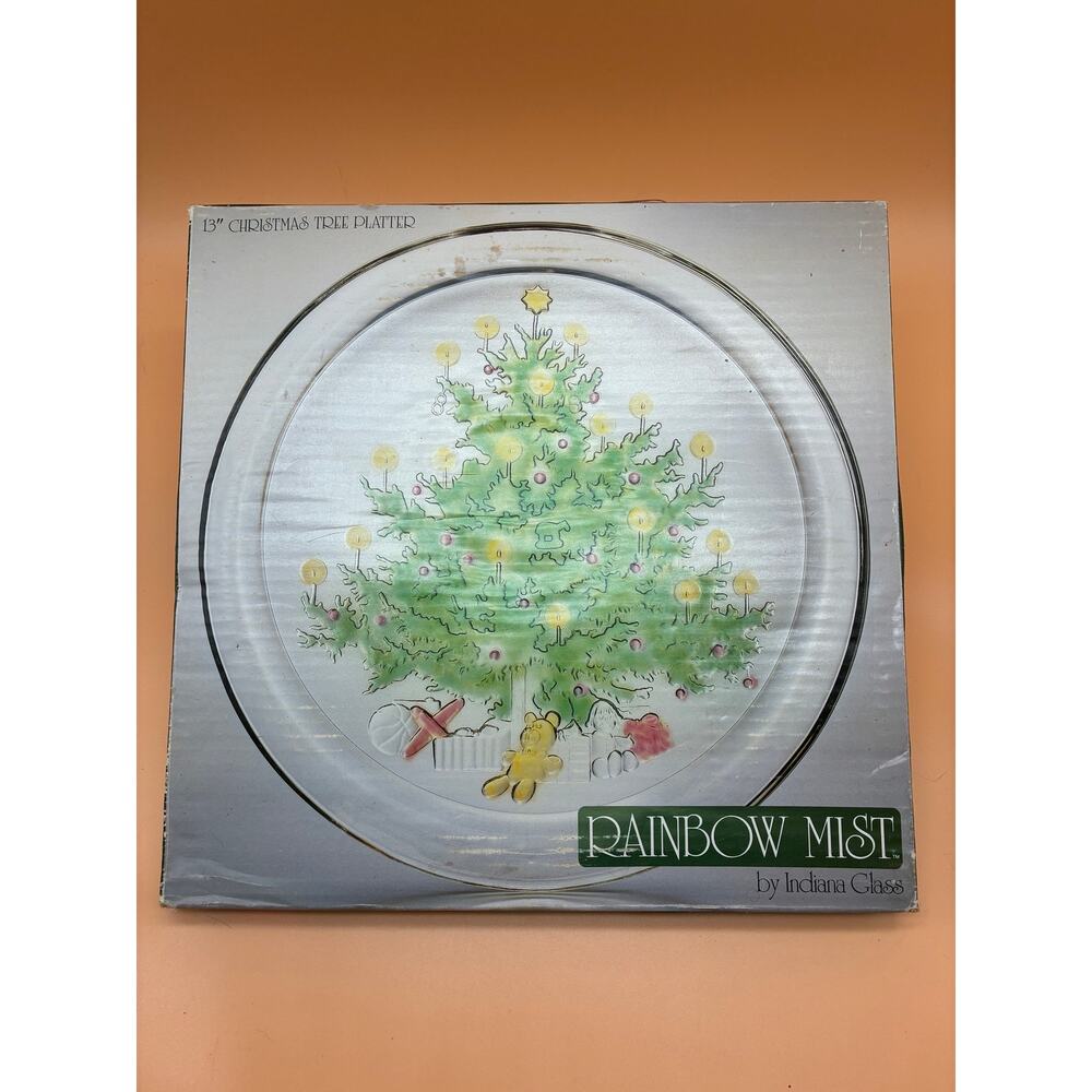 Rainbow Mist 13” Christmas Tree Platter by Indiana Glass in the Original Box!